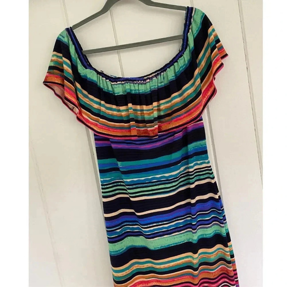 Maggy London, Off the Shoulder Ruffle Striped Dress, Blue, Green, Black, Multi - Picture 3 of 8